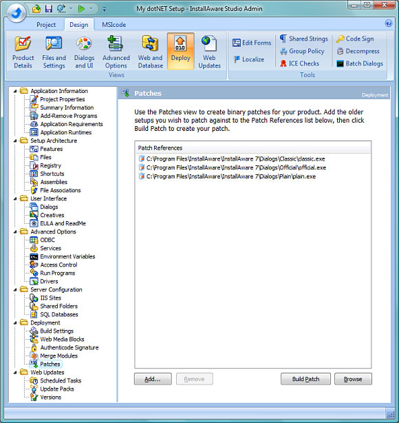 Screenshot of InstallAware Windows Installer One-Click Patching