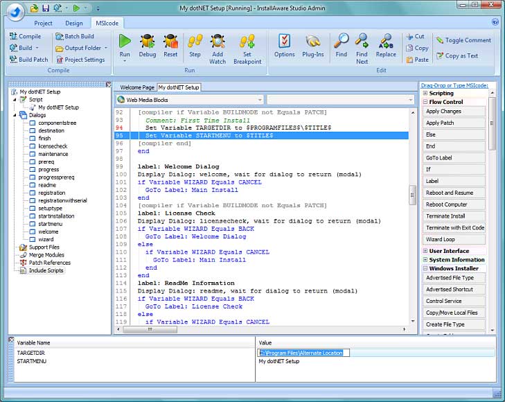 Screenshot of InstallAware Windows Installer Scripting - Integrated Debugger