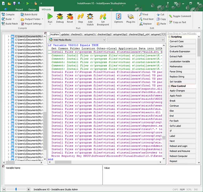 Screenshot of InstallAware Windows Installer Scripting - Two-Way Integrated IDE code