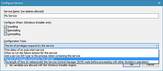  Screenshot of Service Failure Actions and Advanced Service Configuration