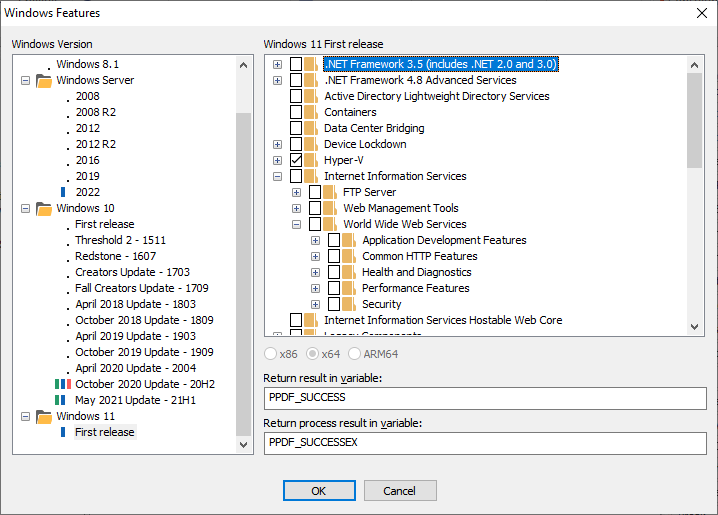 Screenshot of Windows Features and Server Roles configuration dialog.